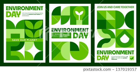 Environment day posters with green geometric pattern with curves, triangles and droplet shapes form of green foliage. Sustainability, esg report cover, save nature banners Environment day posters with green geometric pattern with curves, triangles and droplet shapes form of green foliage. Sustainability, esg report cover, save nature banners 137019357