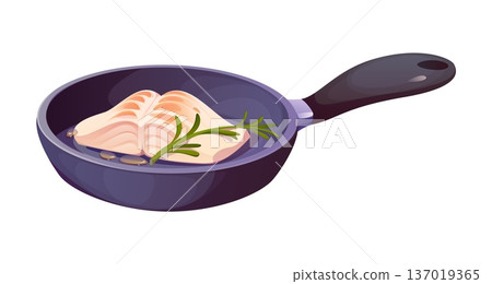 Fresh fish fillet frying in a pan with oil and rosemary leaf shows a cooking process with ingredients and heat. Cartoon vector natural and healthy seafood preparation kitchen and culinary scene Fresh fish fillet frying in a pan with oil and rosemary leaf shows a cooking process with ingredients and heat. Cartoon vector natural and healthy seafood preparation kitchen and culinary scene 137019365
