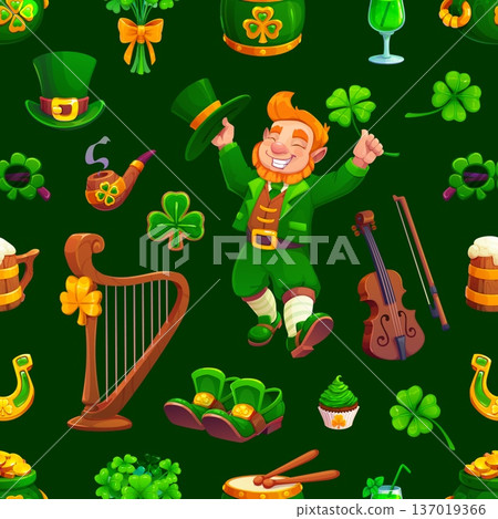 St Patrick day pattern. Vector seamless tile wallpaper featuring cartoon leprechaun character, shamrocks, beer, and violins on festive green background reflecting Irish traditions and celebration St Patrick day pattern. Vector seamless tile wallpaper featuring cartoon leprechaun character, shamrocks, beer, and violins on festive green background reflecting Irish traditions and celebration 137019366