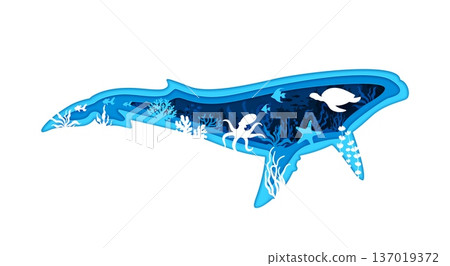 Blue whale silhouette filled with underwater landscape. Vector fish, coral and seaweed, octopus, sea turtle, starfish and fish shoal on layered paper cut banner. Marine and ecology theme 137019372