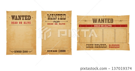 Vintage western wanted poster with aged paper texture, torn edges, and dead or alive text, cash reward amount and photo frame banner. Vector parchment with announcement for gangsters and criminal game 137019374