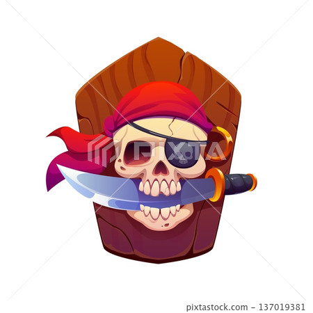 Pirate game icon or heraldry asset of skull with corsair eyepatch, cartoon vector. Caribbean pirate game icon of skull in sailor bandana with earring and saber sword or dagger blade in jaw mouth 137019381