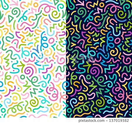 Kids bright squiggle line seamless pattern of abstract doodle scribbles, vector backgrounds. Squiggle line pattern with colorful wavy lines and neon confetti twirls on white and black background Kids bright squiggle line seamless pattern of abstract doodle scribbles, vector backgrounds. Squiggle line pattern with colorful wavy lines and neon confetti twirls on white and black background 137019382