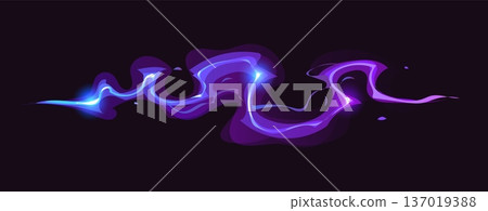 Cartoon purple glowing magic power wave, wizard game vfx light effect. Fantasy glow wave of energy. Vector neon magic light with abstract sparkle trail for combat game, animation or fx effects 137019388