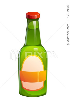Cartoon beer bottle drink, alcohol beverage. Vector alcoholic beverage with green glass body, red top cap and blank label area. Classic bar menu alco drink container, storage for liquid product 137019389