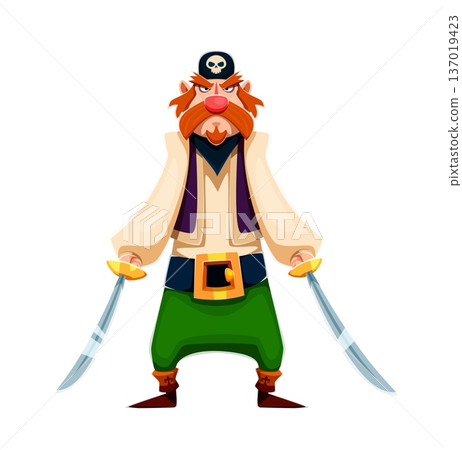 Cartoon pirate warrior character standing with both arms extended, gripping two curved cutlasses. Fierce corsair character with a large red mustache and beard. Funny Caribbean personage for kids party 137019423