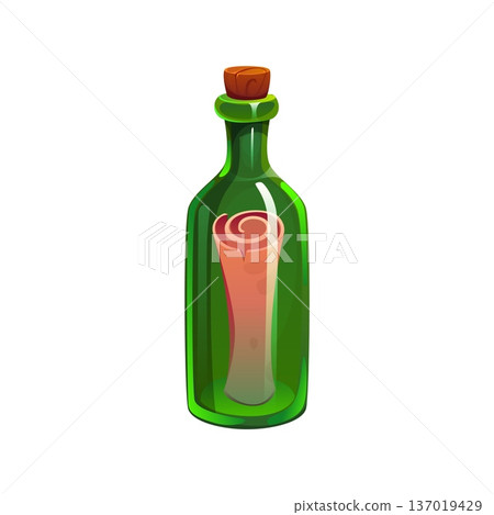 Cartoon bottle with pirate treasure map. Sea adventure icon, game asset, mysterious glass bottle. Vector green transparent glass flask, sealed with a cork, encases a rolled parchment with message Cartoon bottle with pirate treasure map. Sea adventure icon, game asset, mysterious glass bottle. Vector green transparent glass flask, sealed with a cork, encases a rolled parchment with message 137019429