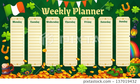 Weekly planner schedule with Happy St Patrick holiday characters. Cartoon vector festive template for organizing tasks or events with gold coins, clovers, leprechaun hat, rainbow, Irish flag or charms 137019432