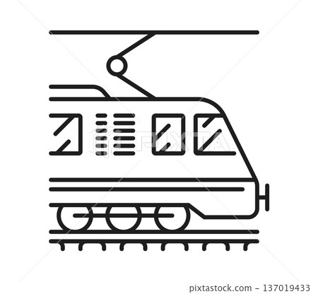 Electric train locomotive, railway transport line icon or symbol. Railway logistics outline sign, railroad transport industry locomotive thin line vector pictogram. Passenger and cargo train icon Electric train locomotive, railway transport line icon or symbol. Railway logistics outline sign, railroad transport industry locomotive thin line vector pictogram. Passenger and cargo train icon 137019433