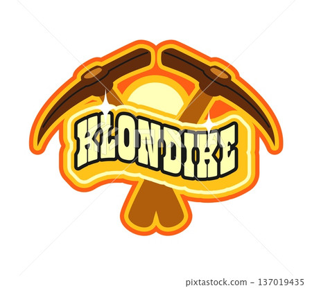 Klondike western and Wild West Y2K groovy sticker or retro print. Texas gold fever groovy vector label, Wild West history sticker. Western patch with miner crossed pick axes and golden typography text Klondike western and Wild West Y2K groovy sticker or retro print. Texas gold fever groovy vector label, Wild West history sticker. Western patch with miner crossed pick axes and golden typography text 137019435