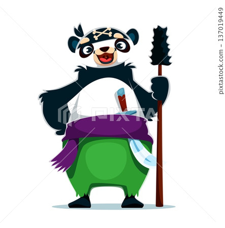 Cartoon panda cannon gunner pirate vector character. Corsair wears green trousers, purple sash and holds a heavy spiked club in paw, while a dagger rests at his belt. Cute animal in bandana with bones 137019449