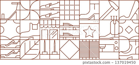 Shoes making pattern with shoes, boots and hammer, shop facade, sewing machine, heels, soles, star and geometric shapes. Vector line art grid background with footwear production and storefront icons Shoes making pattern with shoes, boots and hammer, shop facade, sewing machine, heels, soles, star and geometric shapes. Vector line art grid background with footwear production and storefront icons 137019450