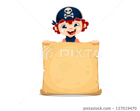 Funny kid boy pirate character in sailor bandana holding medieval scroll parchment. Cartoon vector joyful child corsair personage peeking over blank ancient scroll for messages, treasure hunt map 137019470