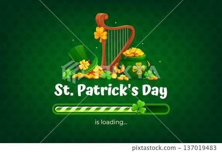 Happy St Patrick's day countdown loading bar with Irish harp, green leprechaun hat, pot of gold coins, shamrock clover and festive progress indicator. Cartoon vector holiday interface for celebration Happy St Patrick's day countdown loading bar with Irish harp, green leprechaun hat, pot of gold coins, shamrock clover and festive progress indicator. Cartoon vector holiday interface for celebration 137019483