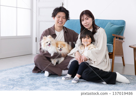 Portrait of family with pet dog Portrait of family with pet dog 137019486