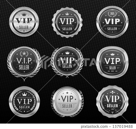 VIP seller silver badges and labels, award seals, medals with laurel wreaths and crowns. Premium silver vector badges for luxury branding, VIP promotions, exclusive quality certifications VIP seller silver badges and labels, award seals, medals with laurel wreaths and crowns. Premium silver vector badges for luxury branding, VIP promotions, exclusive quality certifications 137019488