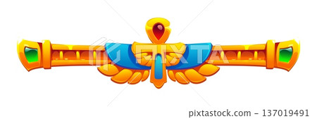 Ancient Egypt ornament, Egyptian divider border. Cartoon vector golden Egyptian separator ornament or amulet with wings and Coptic cross, highlighted with turquoise blue segments and green gemstones Ancient Egypt ornament, Egyptian divider border. Cartoon vector golden Egyptian separator ornament or amulet with wings and Coptic cross, highlighted with turquoise blue segments and green gemstones 137019491