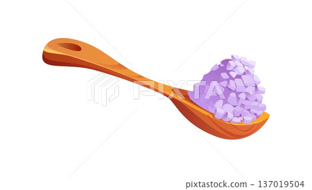 Wooden spoon holding a pile of lavender bath salt purple crystals. Cartoon vector bath sea cosmetics, aromatherapy, herbal remedies or relaxation lavender product for bathroom relax, hygiene, care Wooden spoon holding a pile of lavender bath salt purple crystals. Cartoon vector bath sea cosmetics, aromatherapy, herbal remedies or relaxation lavender product for bathroom relax, hygiene, care 137019504