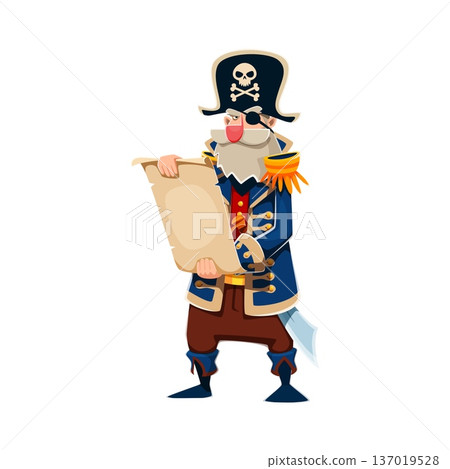 Brave pirate captain cartoon character. Funny old pirate captain in tricorn hat with skull, an eye patch, and epaulets adorned uniform reads an ancient manuscript. Vector personage for nautical games 137019528
