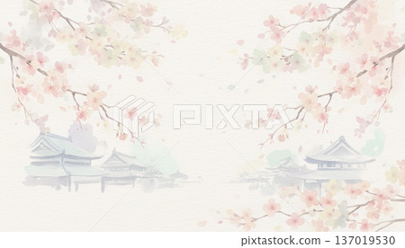 Watercolor background material of cherry blossoms and temples, Japanese paper texture, pale pink spring, fantastic Japanese-style landscape 137019530