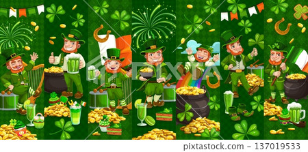 Cartoon funny leprechaun characters collage. Cheerful leprechauns celebrating with gold coins, shamrocks, rainbows, Irish flags, and green drinks symbolizing Saint Patrick Day joy and Irish traditions 137019533