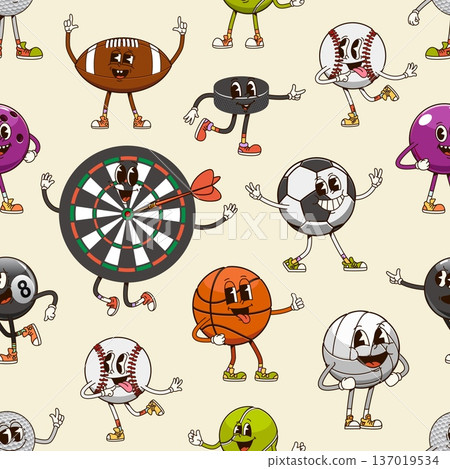Groovy sport ball characters pattern. Cartoon vector seamless tile background with retro football, y2k soccer, hippie basketball and baseball. Funky billiard, hockey puck and dartboard sports mascots 137019534
