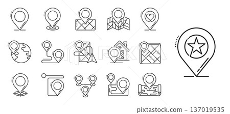 Location pam point icons, travel trip pictogram. Linear vector icons featuring location pins, globe, smartphone, paper airplane, house, map, and heart. Travel pictograms for mapping apps, trip planner 137019535