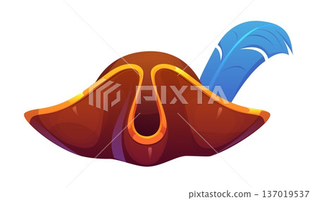 Cartoon pirate tricorn hat, corsair captain headwear with blue feather. Isolated vector filibuster, piracy costume, cap with golden edges and curve brim, props for the photo booth or fantasy game 137019537