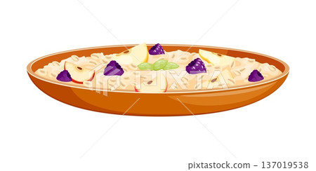 Cartoon oatmeal porridge food in wide ceramic bowl with apple slices, raspberry, seeds and oat flakes. Vector isolated healthy breakfast, cereal food with fruit topping, natural nutrition morning meal 137019538