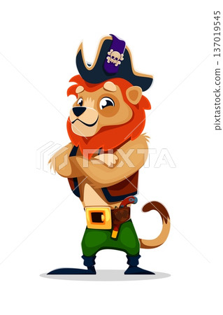 Cartoon African lion pirate crew animal character. Isolated vector confident corsair captain personage with trusting gun on belt, stands with crossed arms, ready for swashbuckling sea adventures Cartoon African lion pirate crew animal character. Isolated vector confident corsair captain personage with trusting gun on belt, stands with crossed arms, ready for swashbuckling sea adventures 137019545