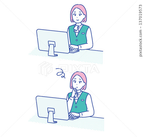 一組插圖，描繪了一位女性在電腦前工作時檢查輸入內容並思考的場景。 137019573