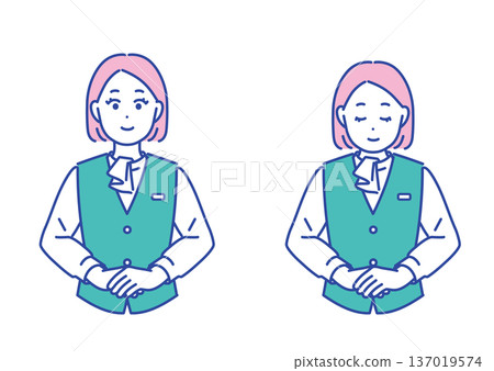 Counter reception information: Illustration set of a business woman bowing Counter reception information: Illustration set of a business woman bowing 137019574