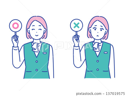 一組插圖，描繪了一位商務女性手持正確和錯誤答案卡片的場景。 137019575