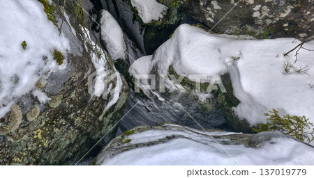 Rocks and rock formations on the Labyrinth Trail in Bledne Skaly in the Stolowe Mountains National Park. High quality photo 137019779