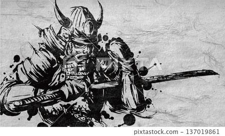 Ink painting illustration of a samurai wiping his sword 137019861