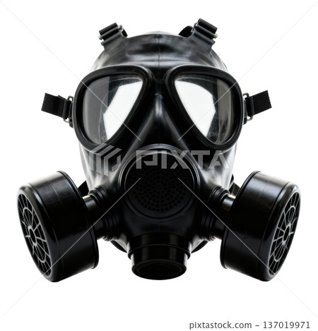 Menacing black gas mask for protection and safety from chemical hazard, pollution and warfare transparency background 137019971