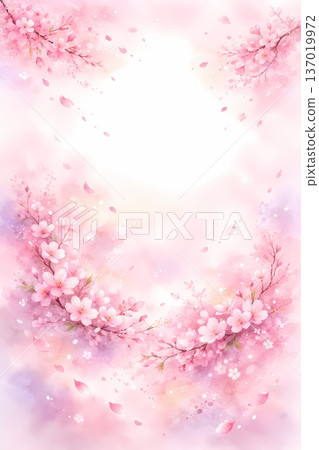 水彩櫻花背景素材，夢幻般的粉紅色和紫色漸變，直式版 137019972