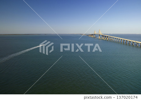 Sunshine Skyway Bridge over Tampa Bay in Florida with moving traffic. Concept of transportation infrastructure 137020174