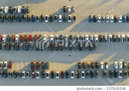 Aerial view of dealership parking lot with many brand new cars for sale. Development of american automotive industry concept Aerial view of dealership parking lot with many brand new cars for sale. Development of american automotive industry concept 137020196