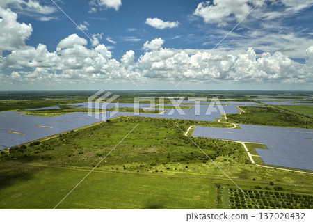 Aerial view of large sustainable electrical power plant with rows of solar photovoltaic panels for producing clean electric energy. Concept of renewable electricity with zero emission 137020432
