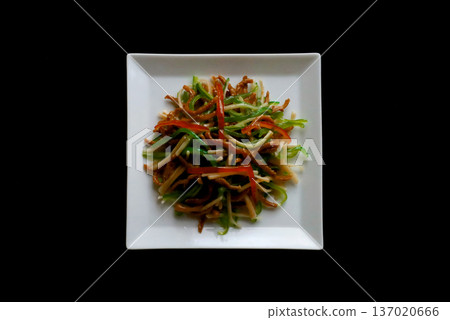 Flat lay photo of a food sample of stir-fried chicken with green peppers Flat lay photo of a food sample of stir-fried chicken with green peppers 137020666