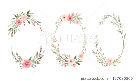 Beautiful set of romantic floral watercolor wreath frame arrangements with pink flower for gentle greeting card 137020860