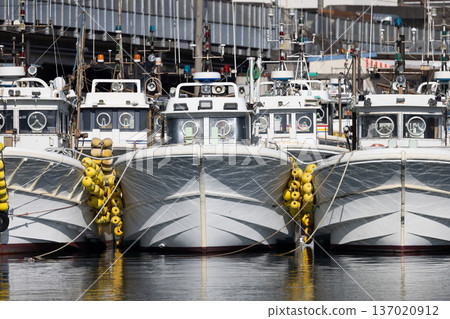 A group of white fishing boats moored close together at Yui Fishing Port in Shizuoka Prefecture A group of white fishing boats moored close together at Yui Fishing Port in Shizuoka Prefecture 137020912
