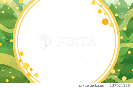 Round frame of scattered pollen and cedar trees_horizontal 137021130