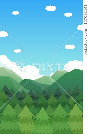 Illustration of rows of cedar trees and mountains_vertical 137021141