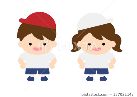 Cute children's boys and girls set, kindergarten, nursery school, gym clothes, kindergartener, character illustration Cute children's boys and girls set, kindergarten, nursery school, gym clothes, kindergartener, character illustration 137021142