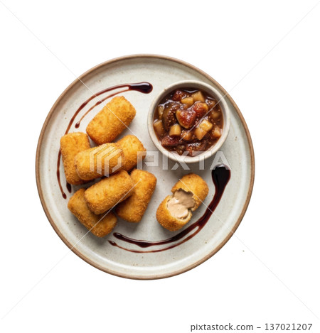 Fried croquette snack appetizer plate, golden breadcrumb crust, rich creamy filling, sweet fruit chutney dip 137021207