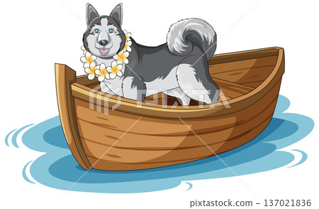Siberian Husky Wearing Flower Lei Standing in a Wooden Rowboat 137021836