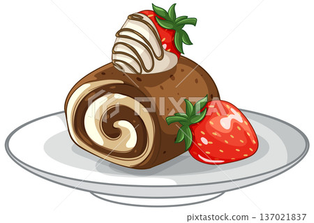 Chocolate Swiss Roll Cake with Fresh Strawberries on a White Plate Chocolate Swiss Roll Cake with Fresh Strawberries on a White Plate 137021837