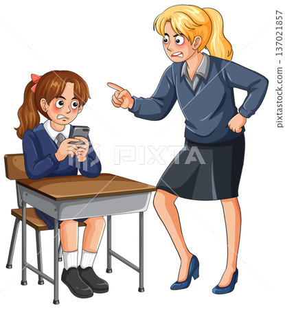 Teacher Scolding Student Using Smartphone During Classroom Lesson Teacher Scolding Student Using Smartphone During Classroom Lesson 137021857